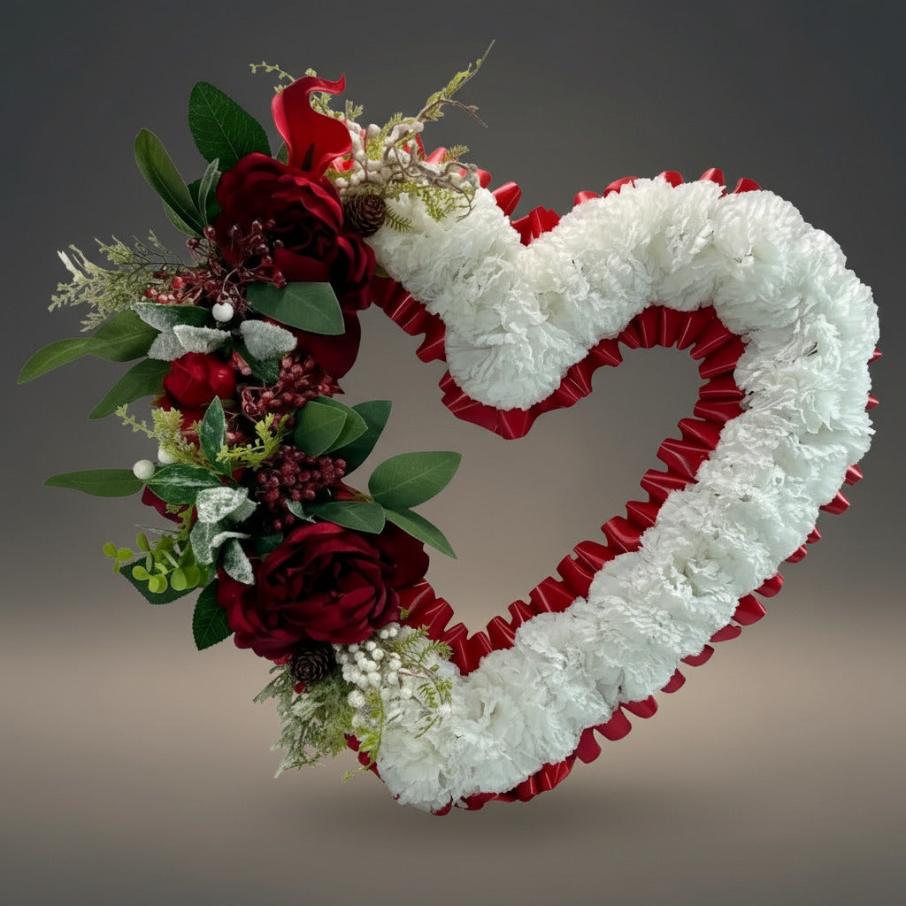 Artificial Red and White Christmas Open Heart memorial Wreath;