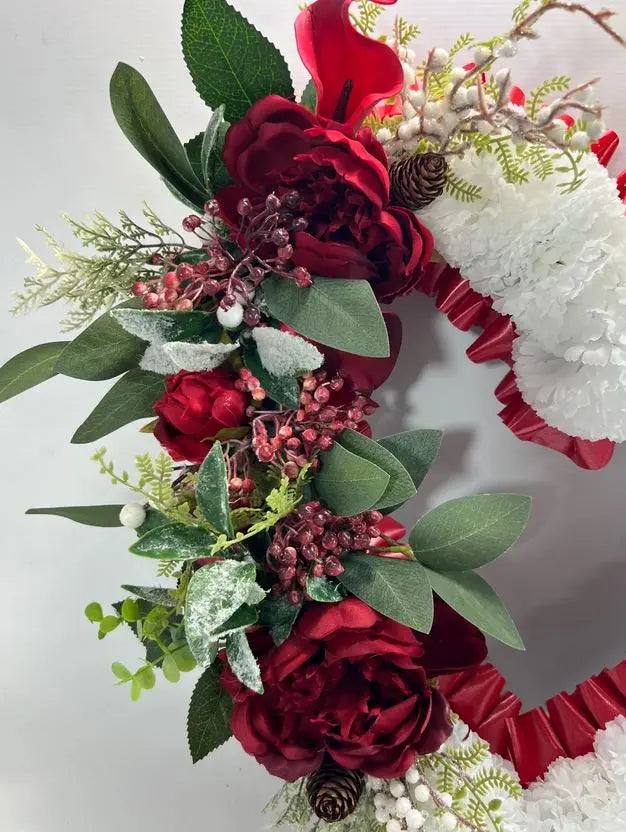 Artificial Red and White Christmas Open Heart Memorial Wreath