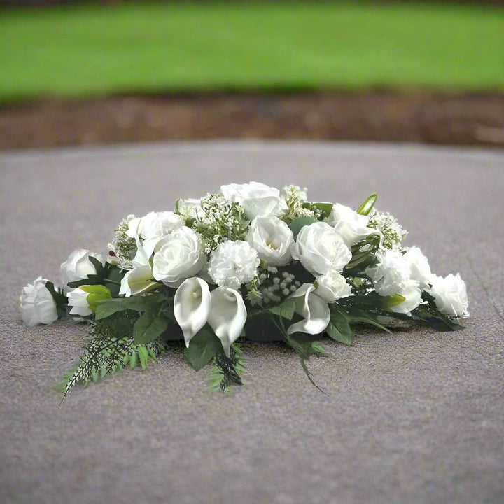Artificial White Silk Flower Tribute Funeral Grave Flowers, Funeral Spray Claire De Fleurs