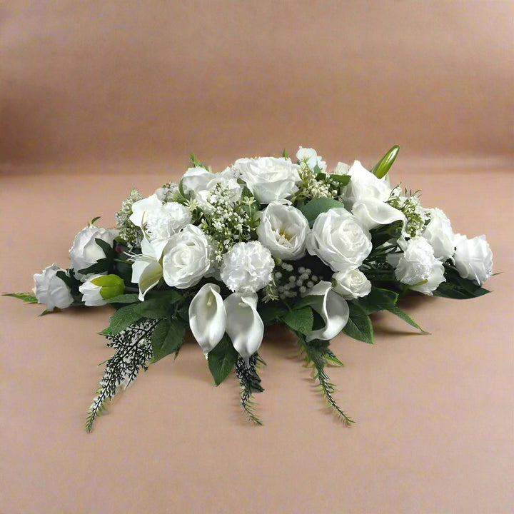 Artificial White Silk Flower Tribute Funeral Grave Flowers, Funeral Spray Claire De Fleurs