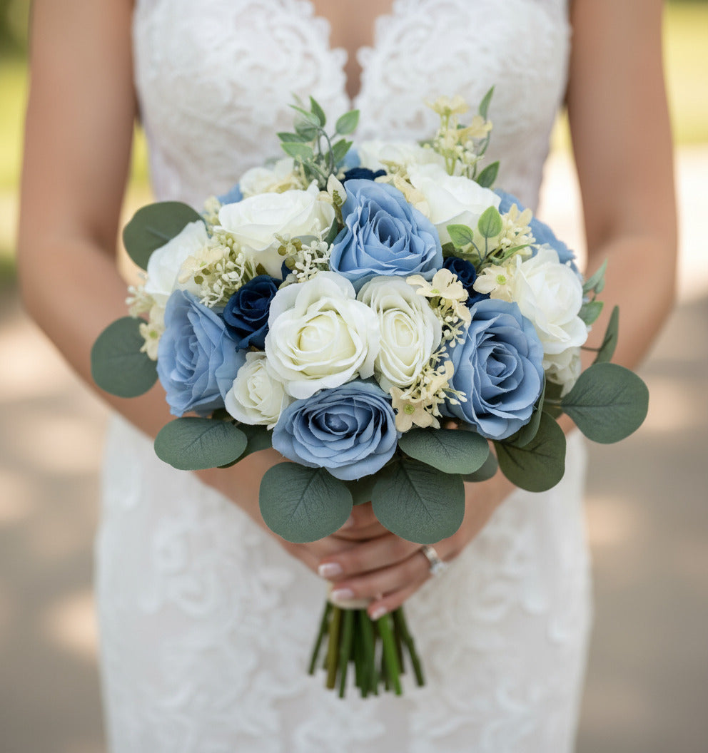 Blue And Ivory Artificial Wedding Bouquet Package Claire De Fleurs