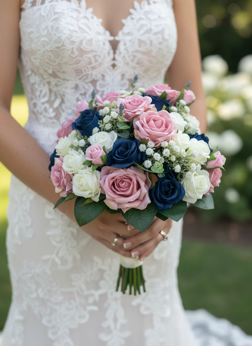 Blush Pink Ivory And Navy Bridal Artificial Bouquet Claire De Fleurs