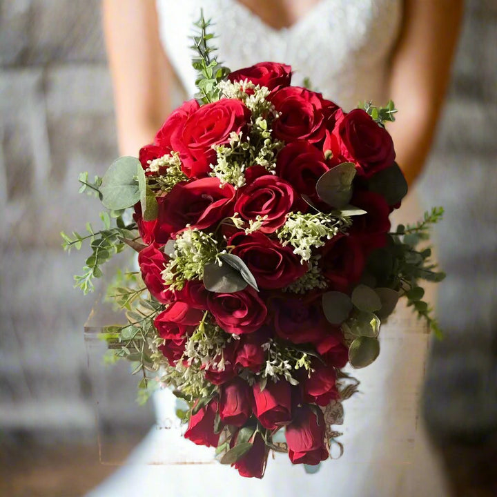 Red Rose Tear Drop /Cascade Bouquet - Artificial Silk Flowers Claire De Fleurs
