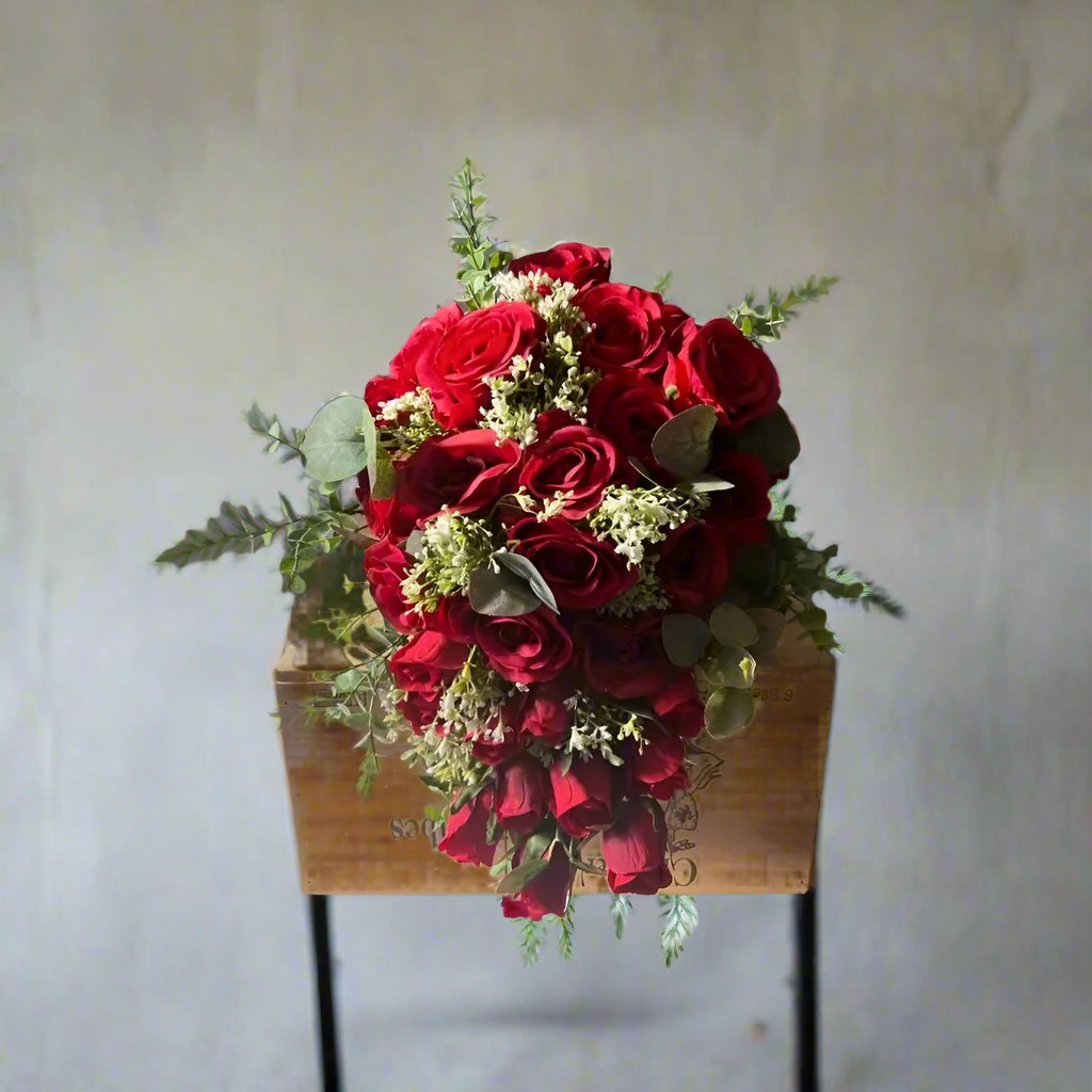 Red Rose Tear Drop /Cascade Bouquet - Artificial Silk Flowers Claire De Fleurs