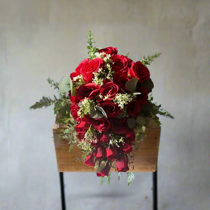Red Rose Tear Drop /Cascade Bouquet - Artificial Silk Flowers Claire De Fleurs