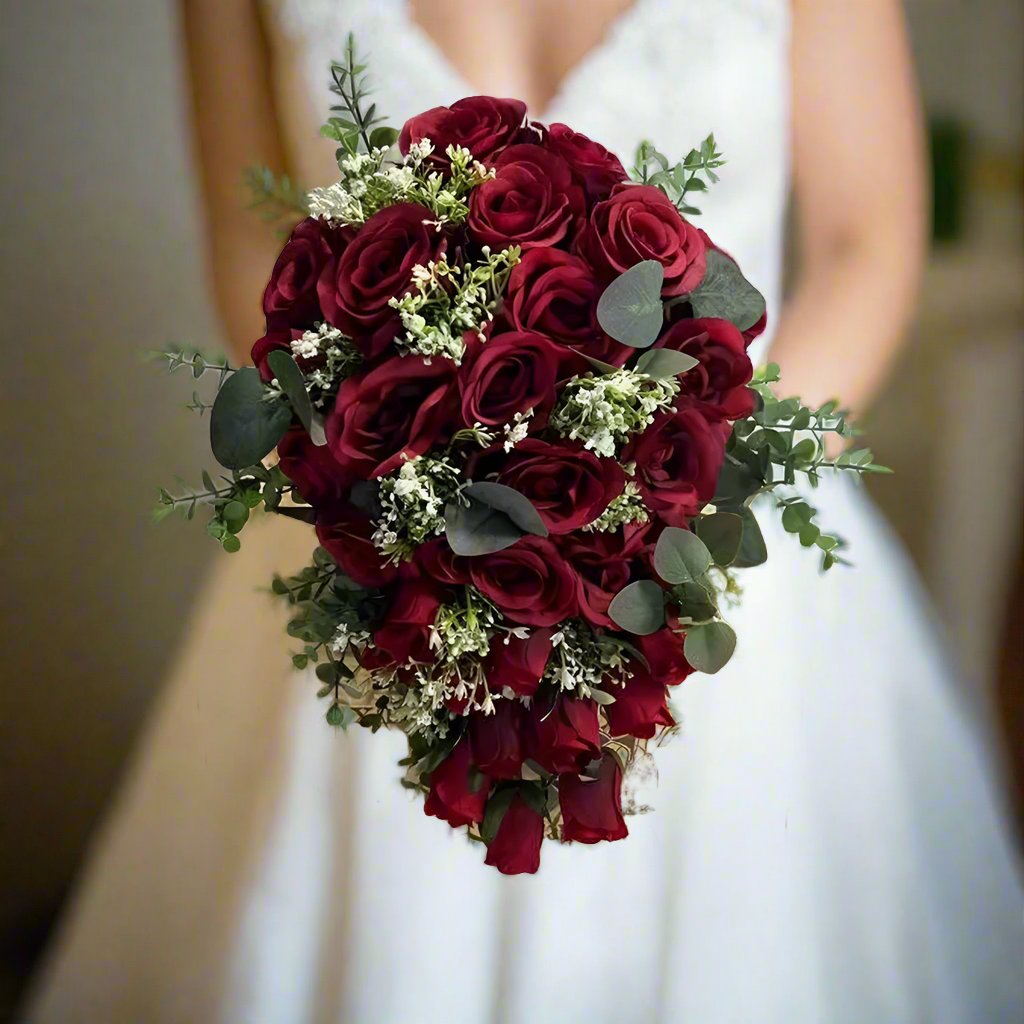 Red Rose Tear Drop /Cascade Bouquet - Artificial Silk Flowers Claire De Fleurs