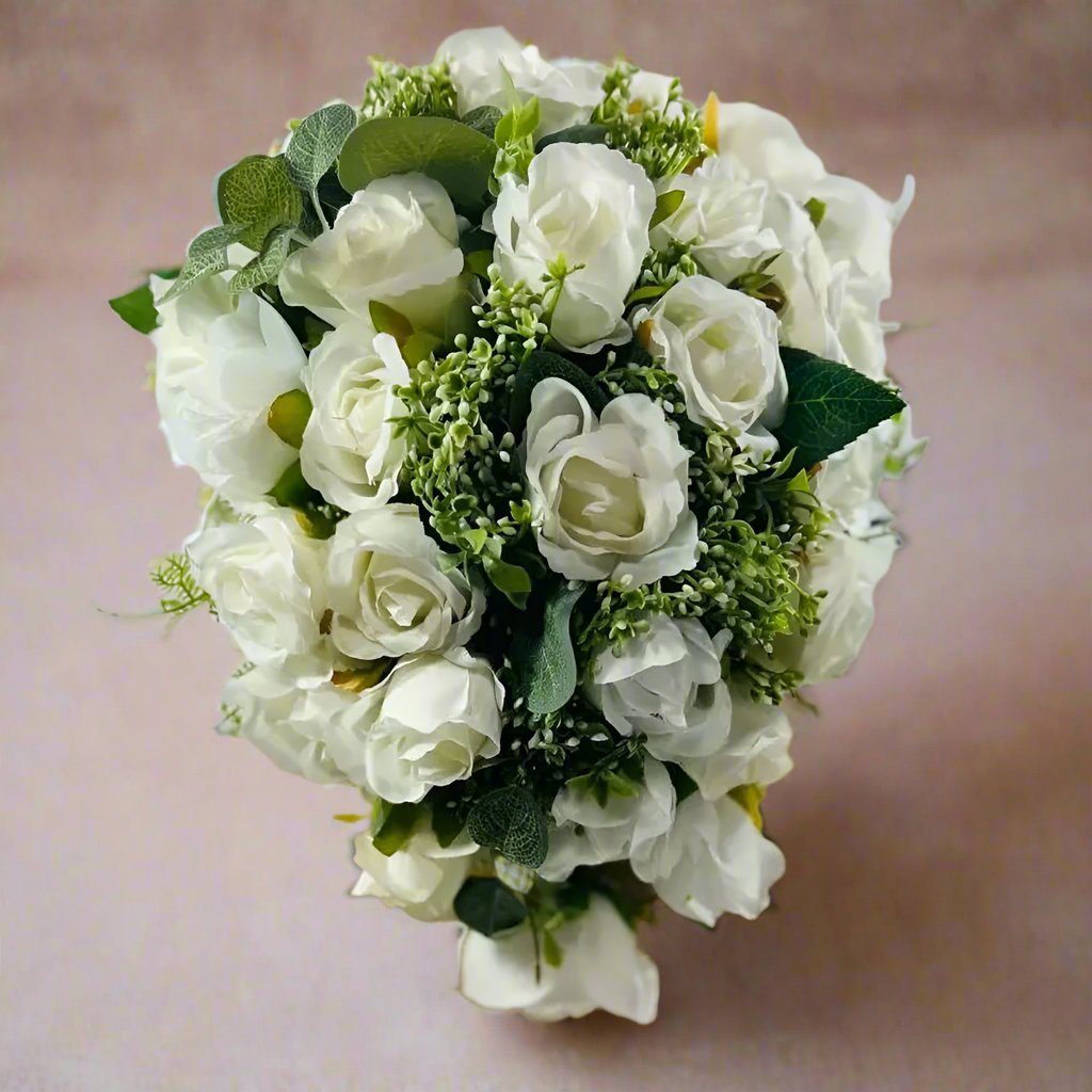 White Rose And Gypsophila Tear drop/ Cascade Bouquet Claire De Fleurs