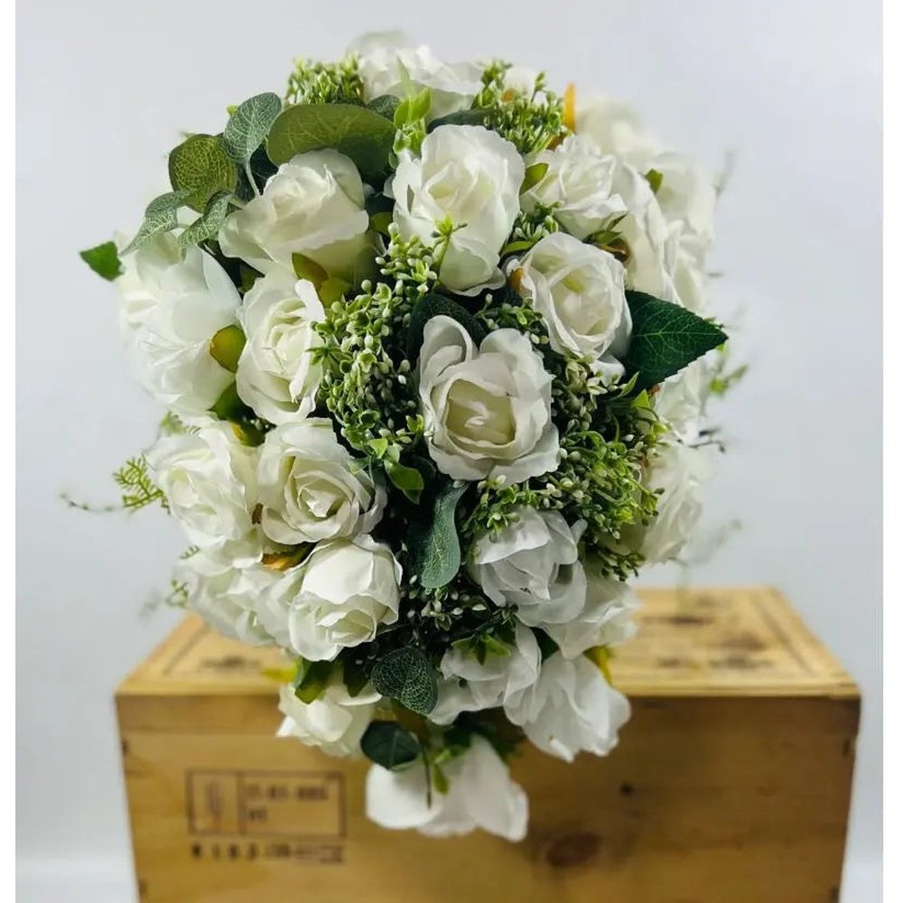 White Rose And Gypsophila Tear drop/ Cascade Bouquet Claire De Fleurs