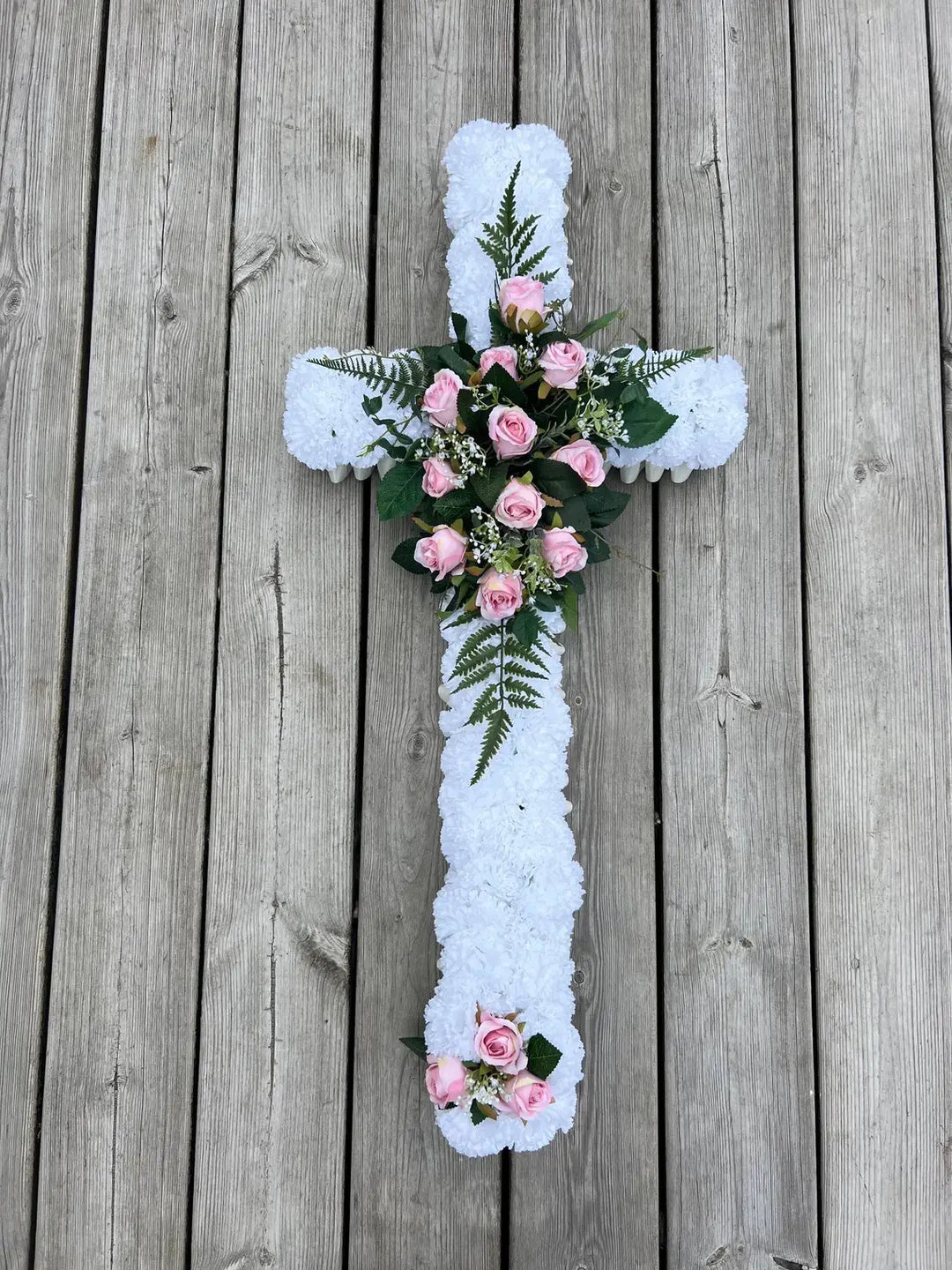 Cross Funeral Tribute – White and Pink Silk Flower Casket Spray, 3ft Artificial Coffin Topper Claire De Fleurs