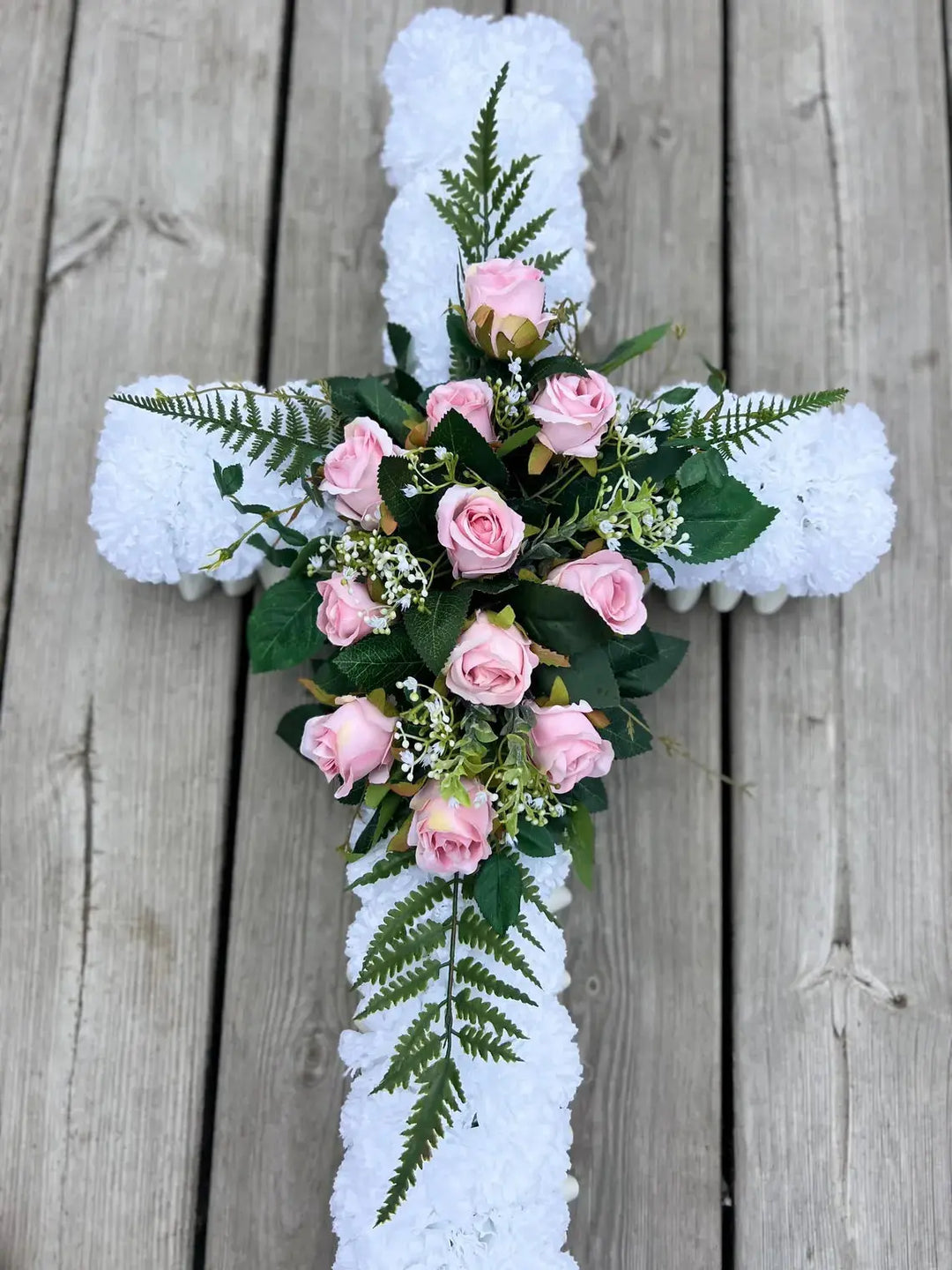 Cross Funeral Tribute – White and Pink Silk Flower Casket Spray, 3ft Artificial Coffin Topper Claire De Fleurs