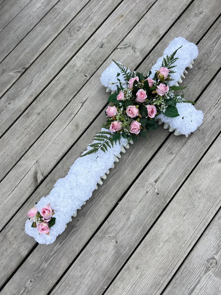 Cross Funeral Tribute – White and Pink Silk Flower Casket Spray, 3ft Artificial Coffin Topper Claire De Fleurs