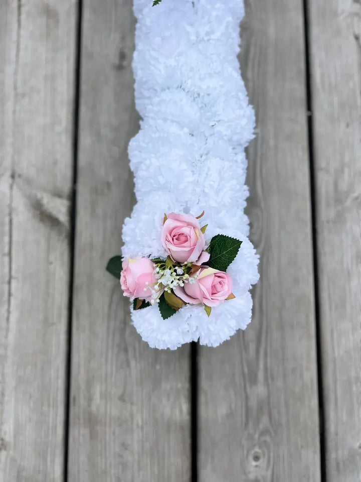 Cross Funeral Tribute – White and Pink Silk Flower Casket Spray, 3ft Artificial Coffin Topper Claire De Fleurs