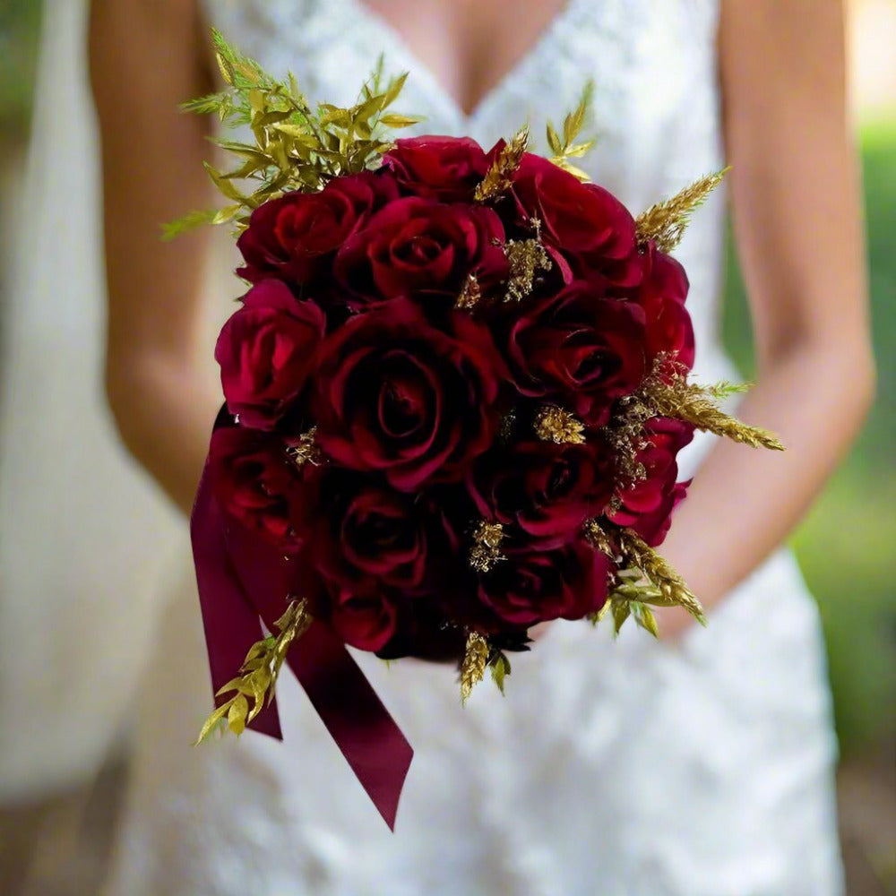 Dark Red And Gold Rose Bridal Bouquet Wedding Flowers- Artificial Silk Flowers For Winter Wedding | Claire De Fleurs Claire De Fleurs
