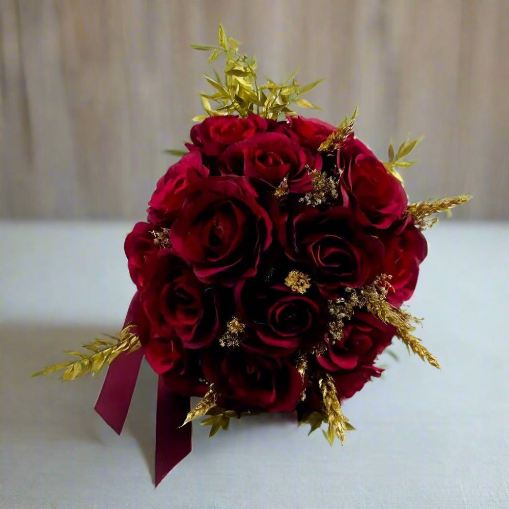 Dark Red And Gold Rose Bridal Bouquet Wedding Flowers- Artificial Silk Flowers For Winter Wedding | Claire De Fleurs Claire De Fleurs