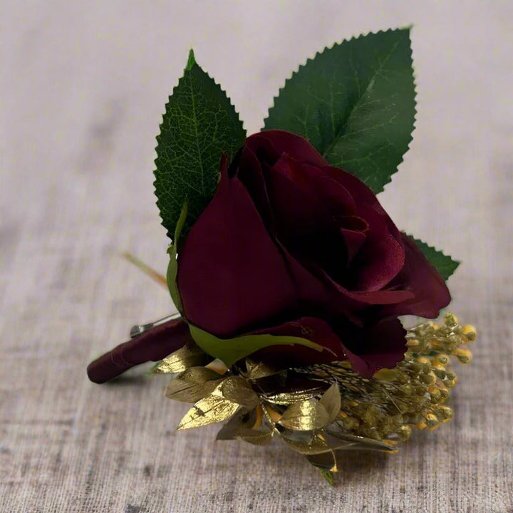 Dark Red And Gold Rose Bridal Bouquet Wedding Flowers- Artificial Silk Flowers For Winter Wedding | Claire De Fleurs Claire De Fleurs