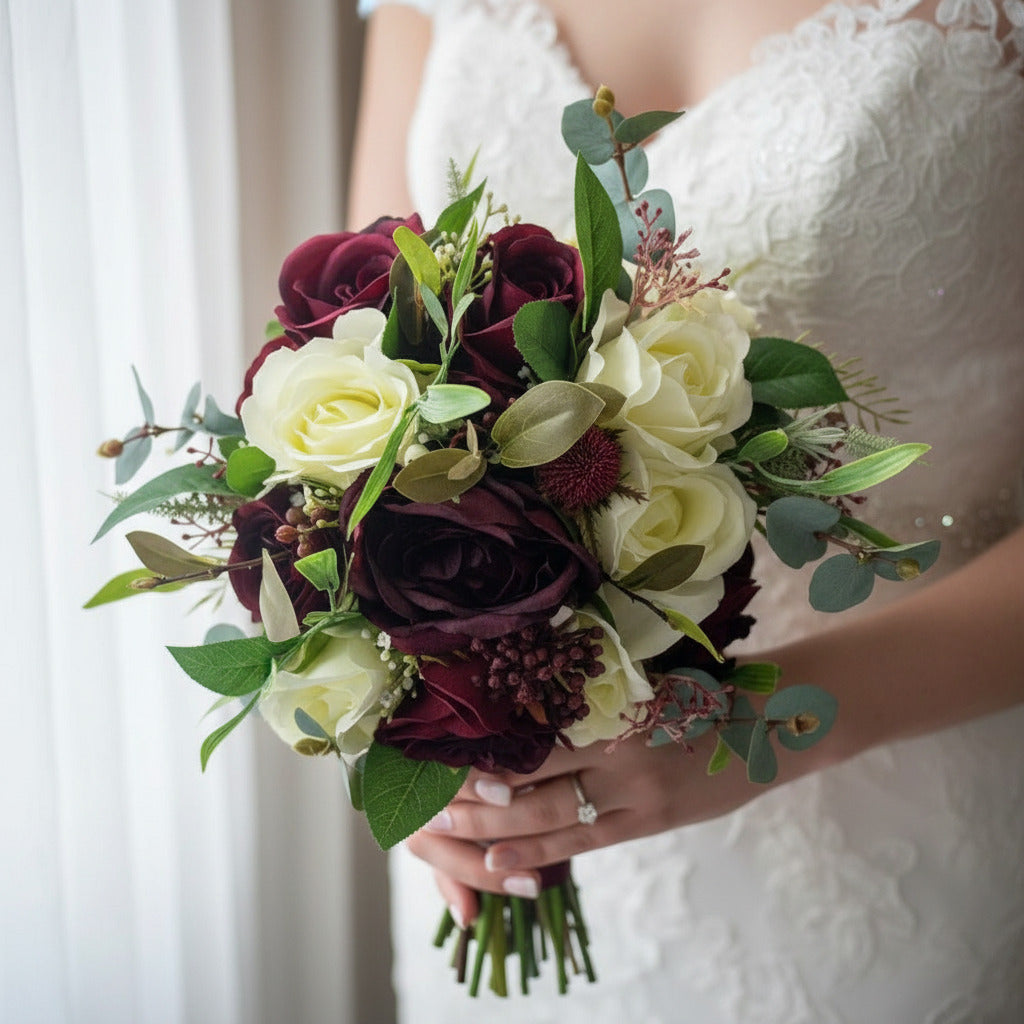 Dark Red Rose And Peony Wedding Bridal Bouquet - Faux Silk Flowers Wedding   Flowers Claire De Fleurs