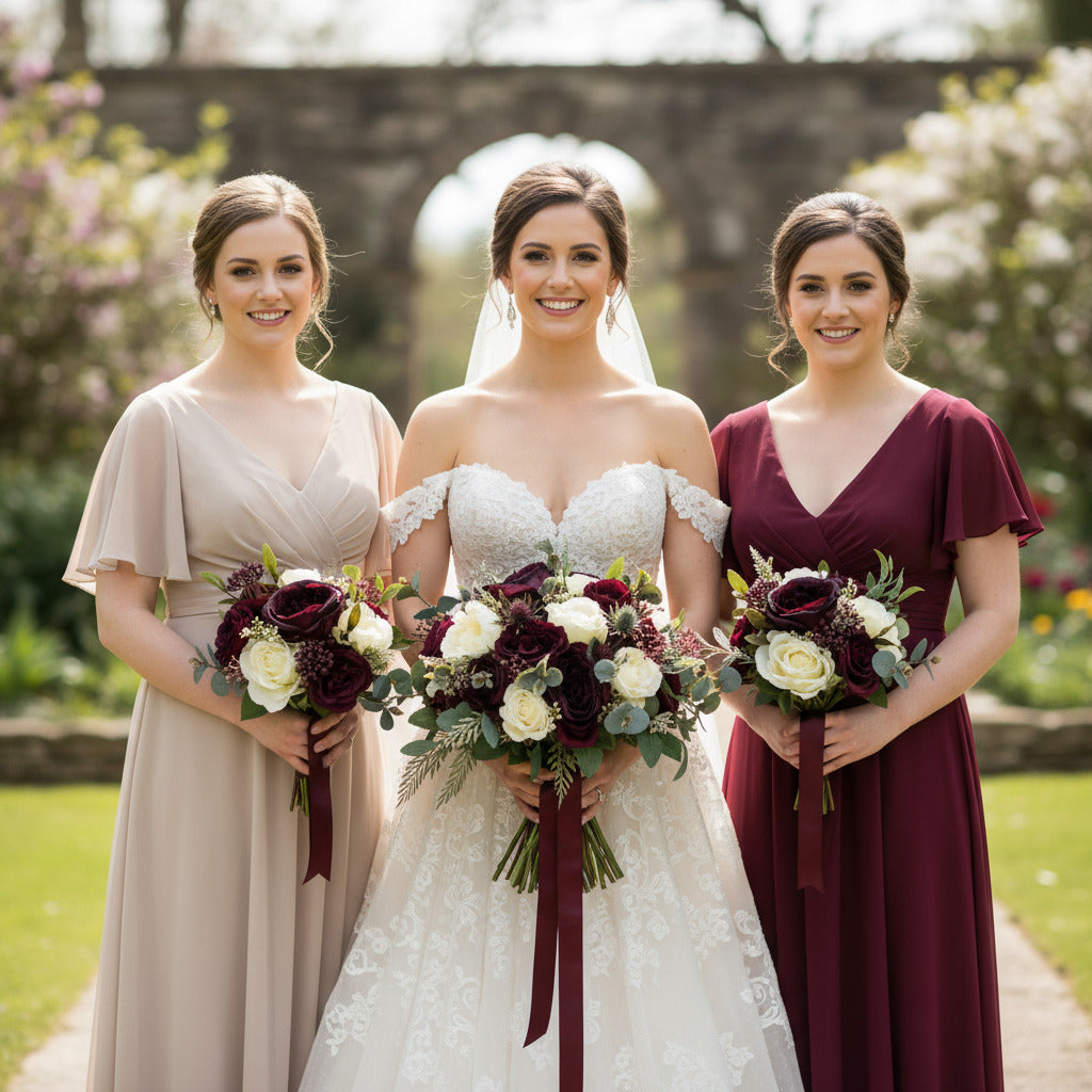 Dark Red Rose And Peony Wedding Bridal Bouquet - Faux Silk Flowers Wedding   Flowers Claire De Fleurs