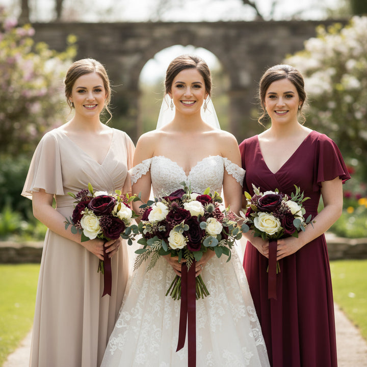 Dark Red Rose And Peony Wedding Bridal Bouquet - Faux Silk Flowers Wedding   Flowers Claire De Fleurs