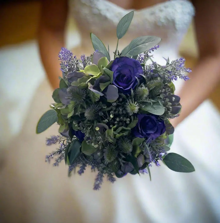 Lavender, Thistle And Purple Rose Artificial Bridal Bouquet Claire De Fleurs