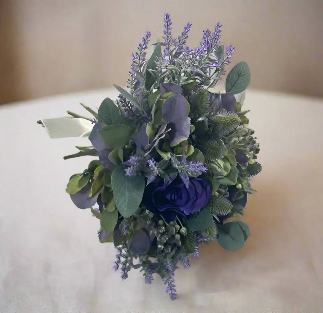 Lavender, Thistle And Purple Rose Artificial Bridal Bouquet Claire De Fleurs