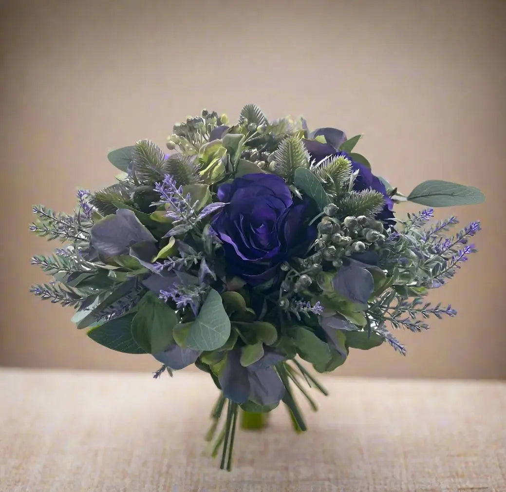 Lavender, Thistle And Purple Rose Artificial Bridal Bouquet Claire De Fleurs