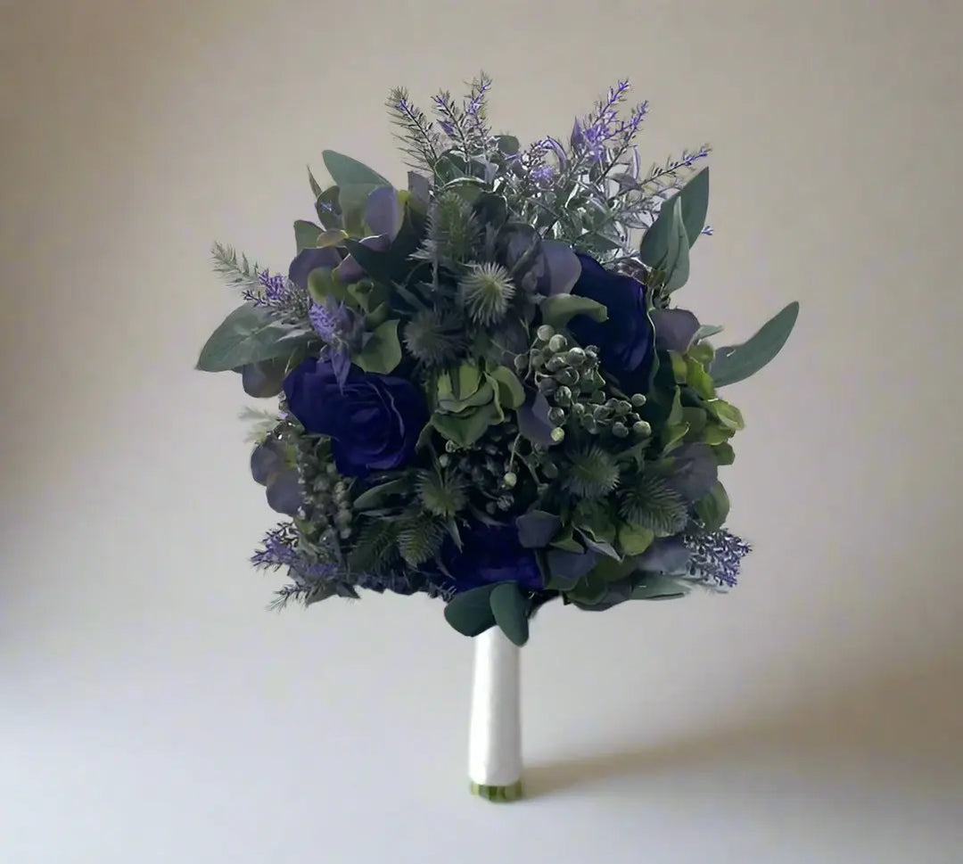 Lavender, Thistle And Purple Rose Artificial Bridal Bouquet Claire De Fleurs