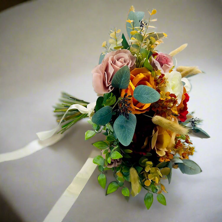 Orange, Red, Nude & White Wedding Bouquet - Faux Silk Flowers Wedding Flowers Claire De Fleurs