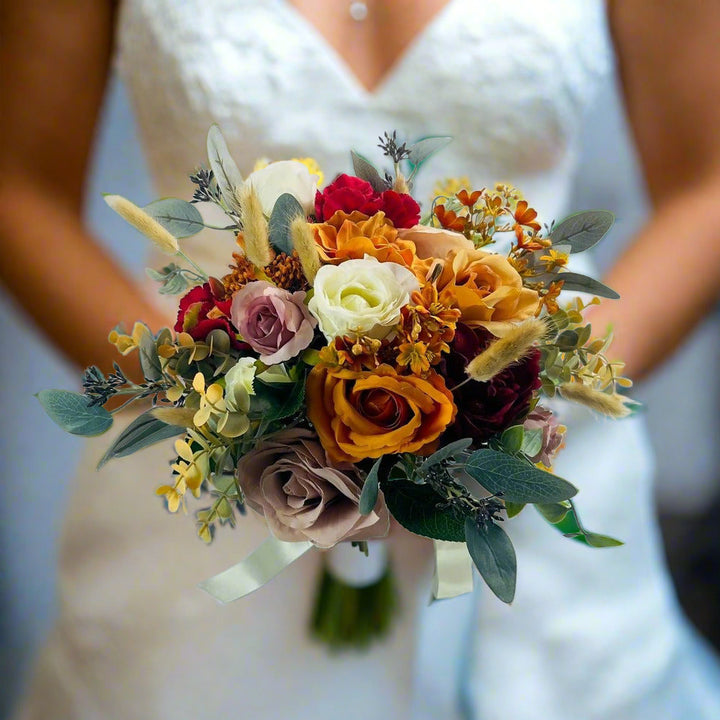 Orange, Red, Nude & White Wedding Bouquet - Faux Silk Flowers Wedding Flowers Claire De Fleurs