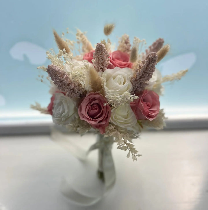 Pink and Ivory Rose Artificial Silk Flower Bouquet Claire De Fleurs