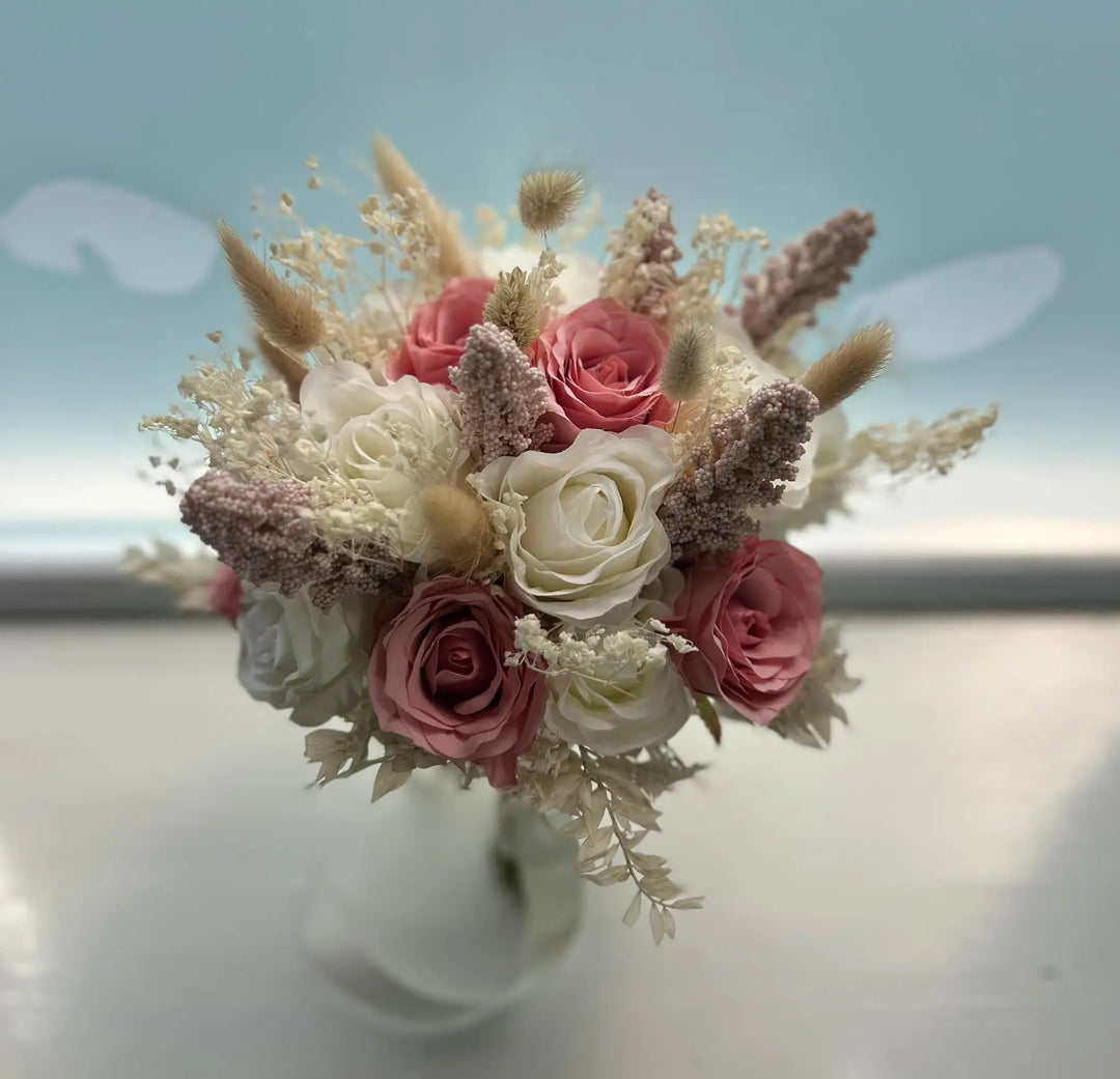 Pink and Ivory Rose Artificial Silk Flower Bouquet Claire De Fleurs