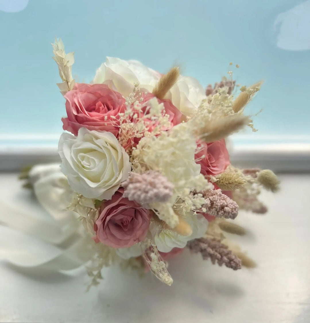 Pink and Ivory Rose Artificial Silk Flower Bouquet Claire De Fleurs