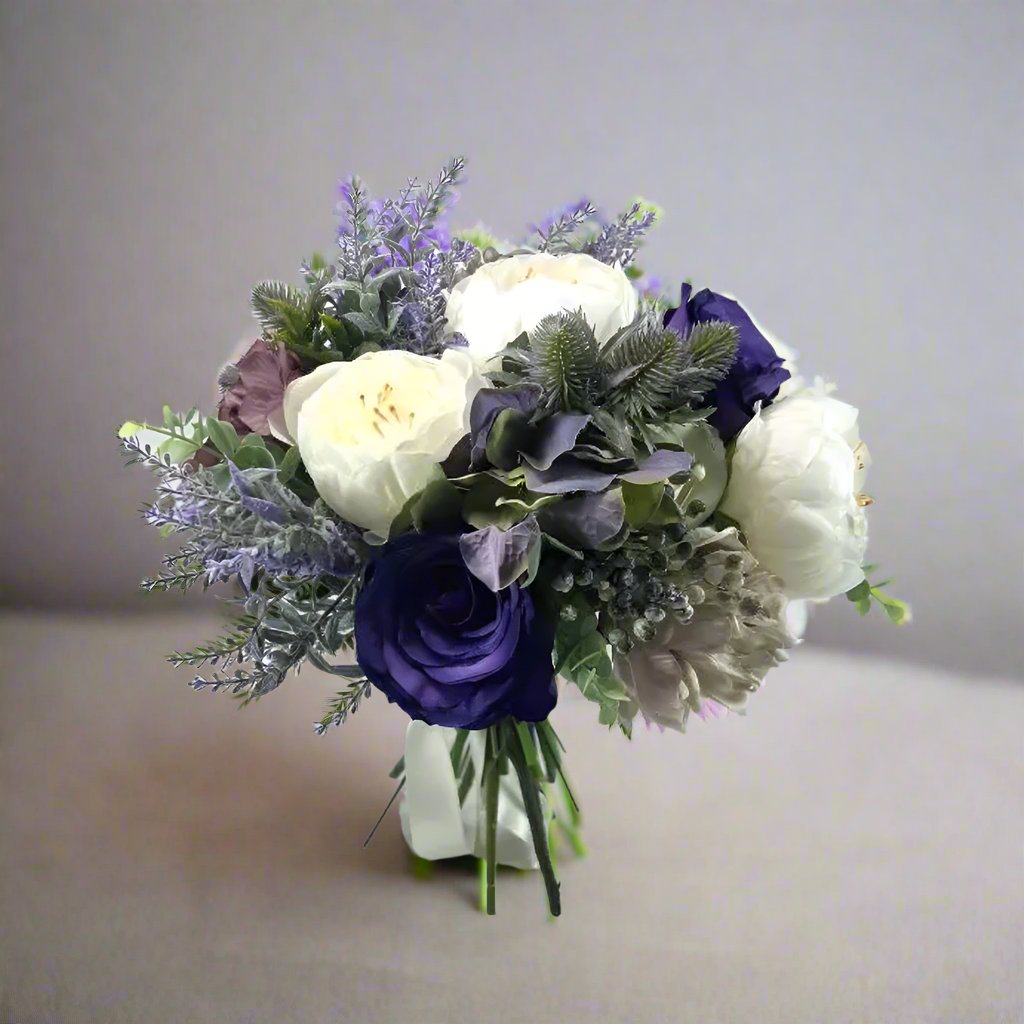 Purple, Lavender and Ivory Thistle Artificial Wedding Bouquet Claire De Fleurs