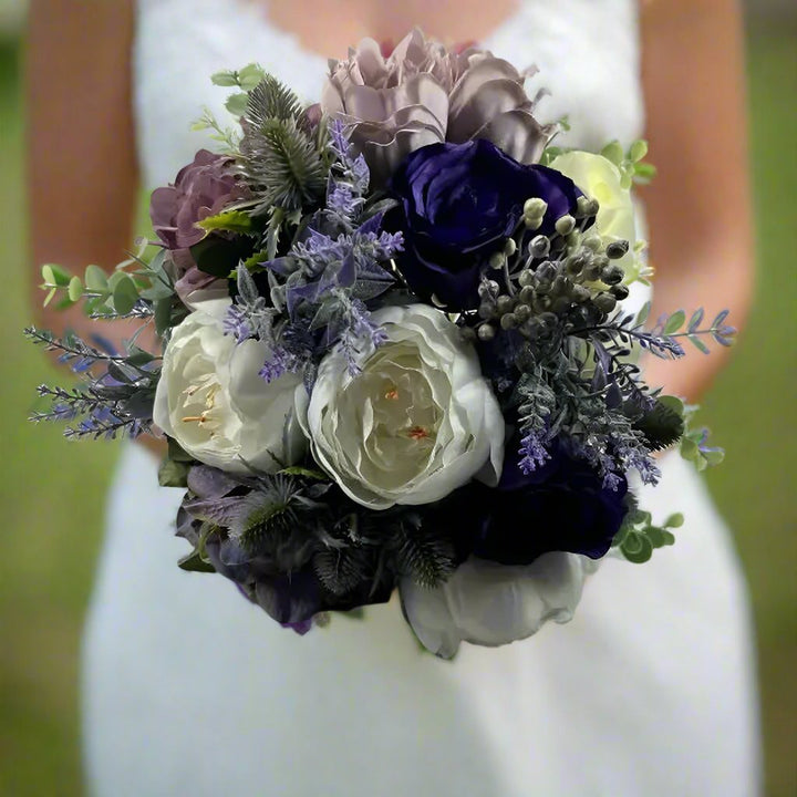 Purple, Lavender and Ivory Thistle Artificial Wedding Bouquet Claire De Fleurs