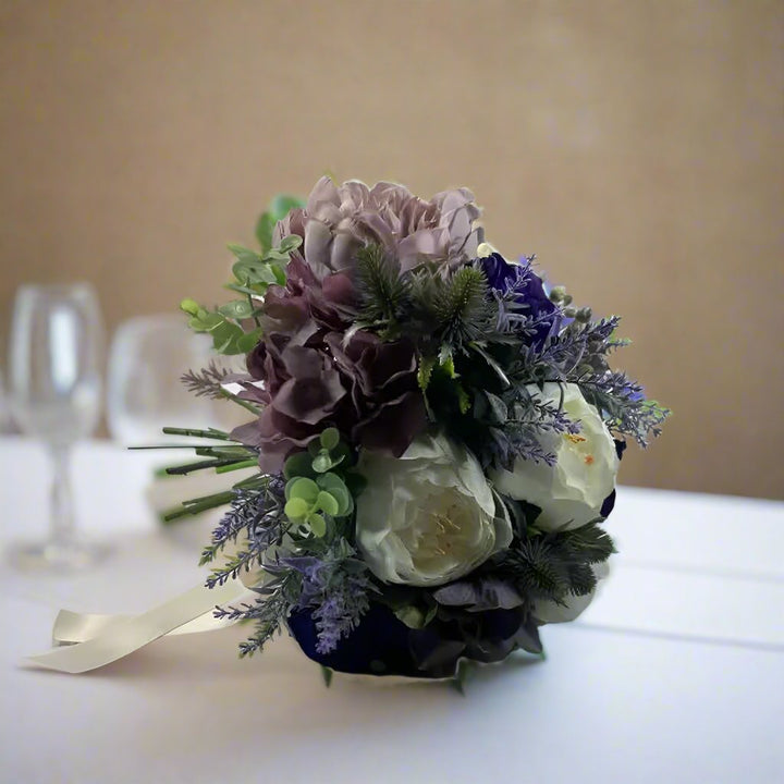 Purple, Lavender and Ivory Thistle Artificial Wedding Bouquet Claire De Fleurs