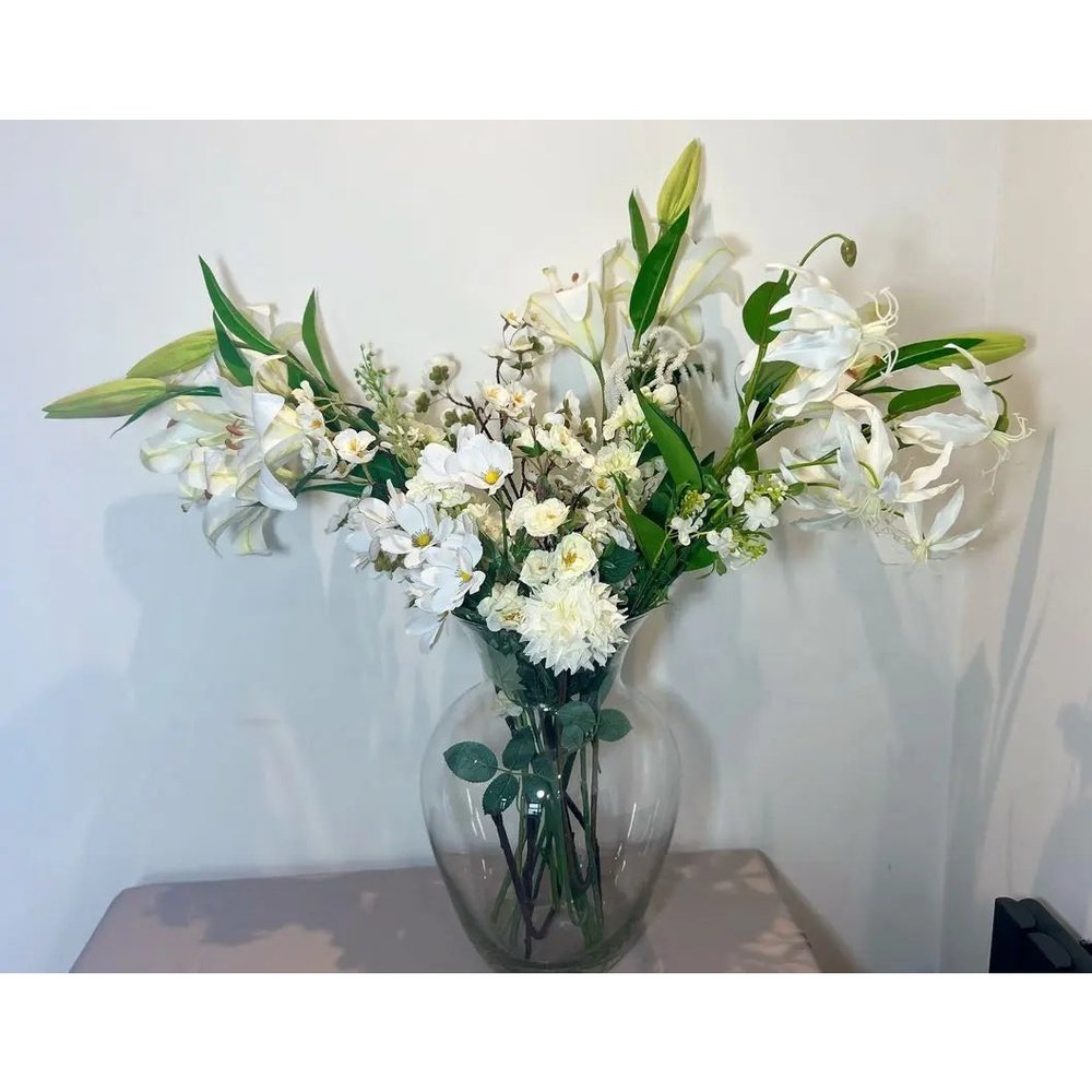 White Lily Artificial Arrangement - Artificial Silk Flower Arrangement Claire De Fleurs