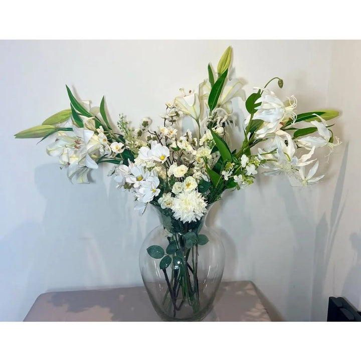 White Lily Artificial Arrangement - Artificial Silk Flower Arrangement Claire De Fleurs