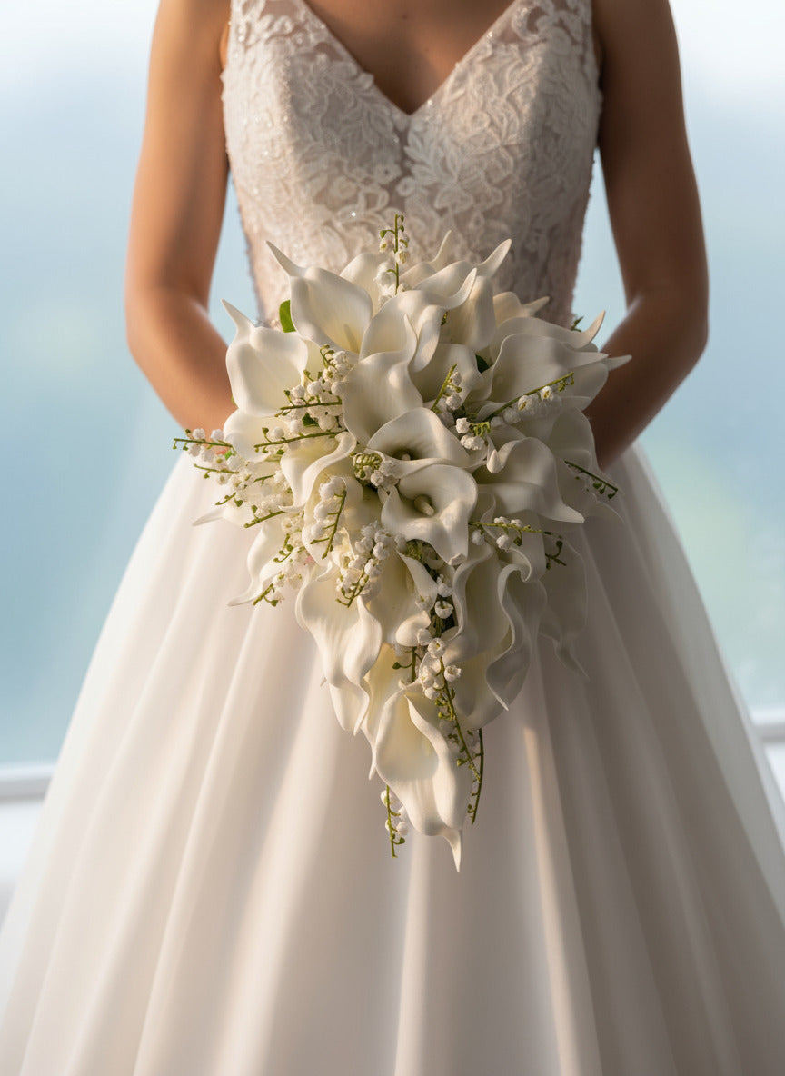 White Lily Tear Drop Cascade Artificial Wedding Bouquet Claire De Fleurs
