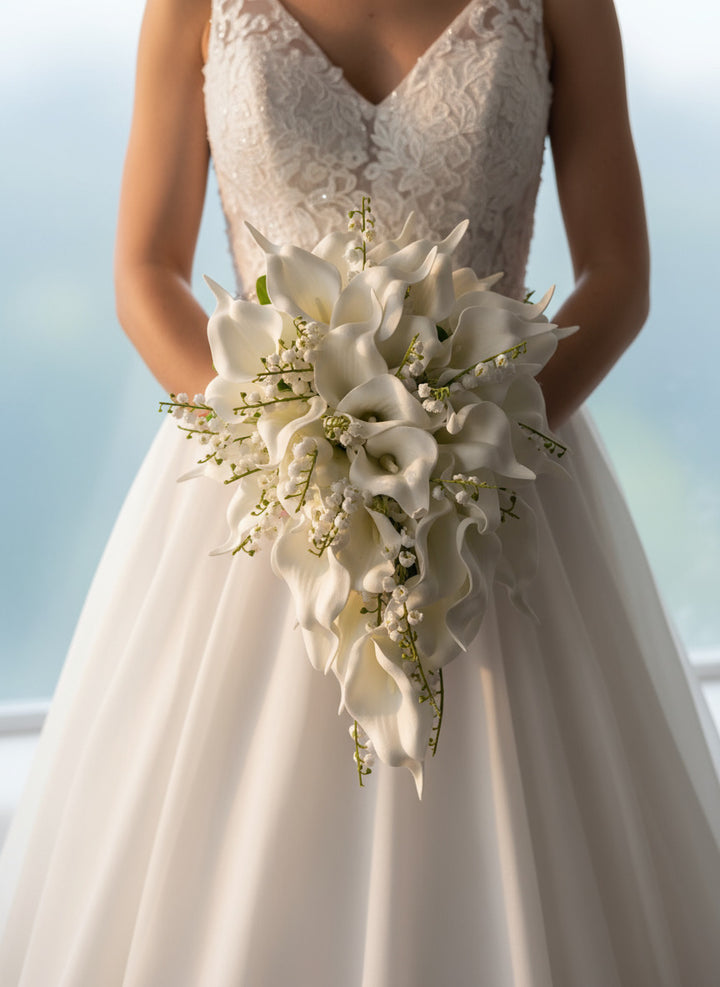 White Lily Tear Drop Cascade Artificial Wedding Bouquet Claire De Fleurs