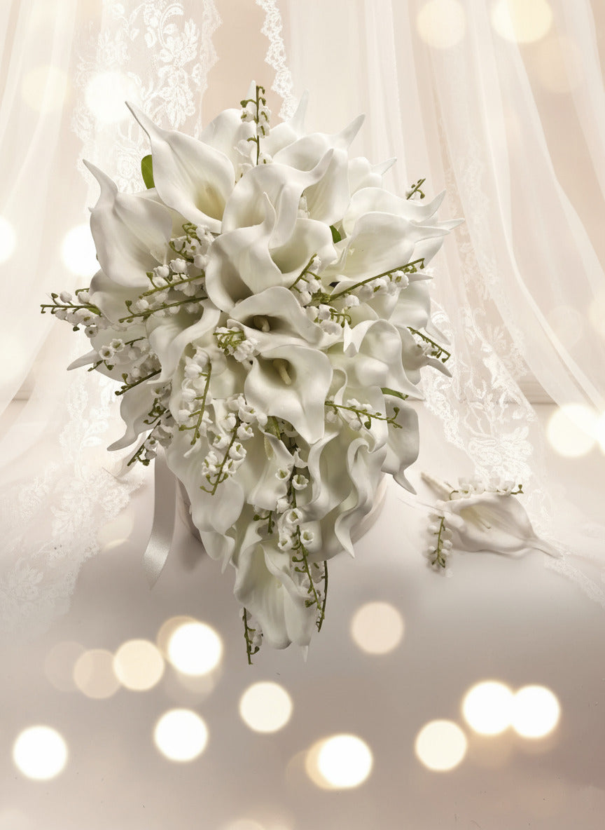 White Lily Tear Drop Cascade Artificial Wedding Bouquet Claire De Fleurs