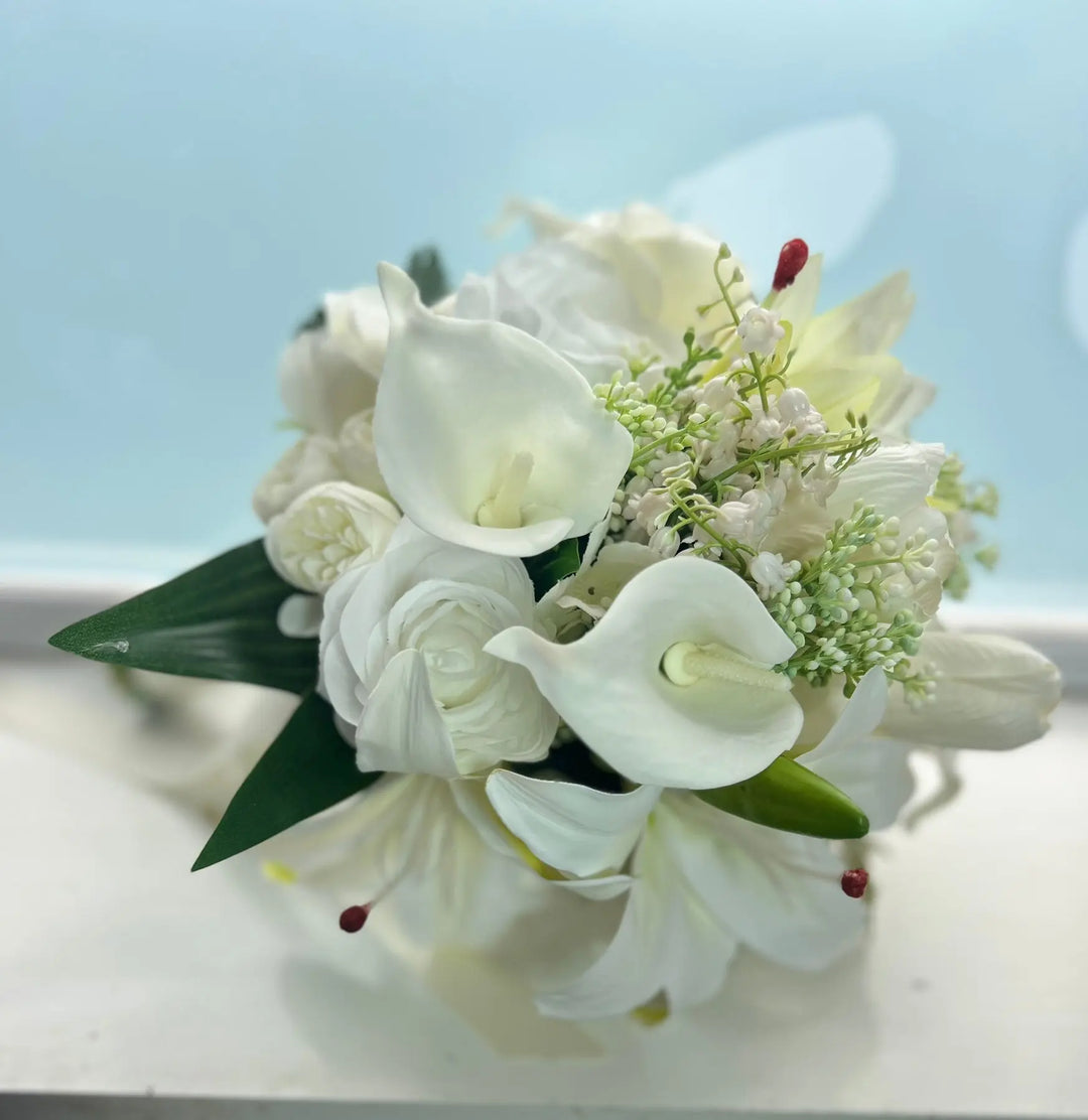White Lily and Ivory Rose Artificial Wedding Bouquet Claire De Fleurs