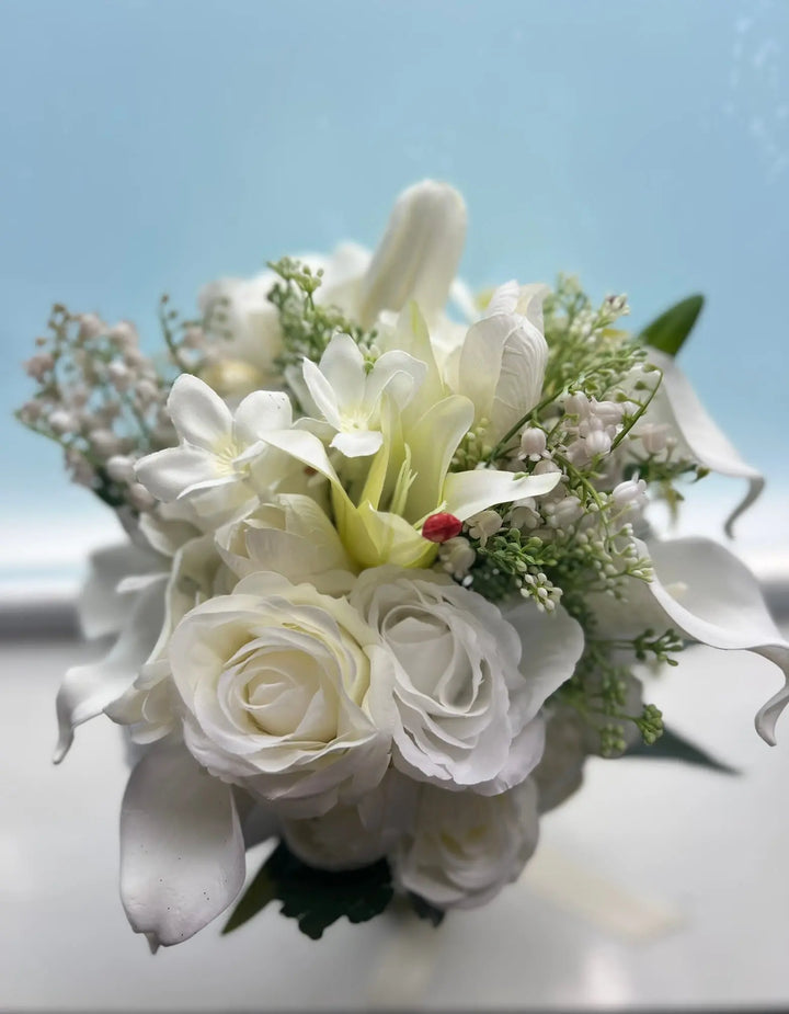 White Lily and Ivory Rose Artificial Wedding Bouquet Claire De Fleurs