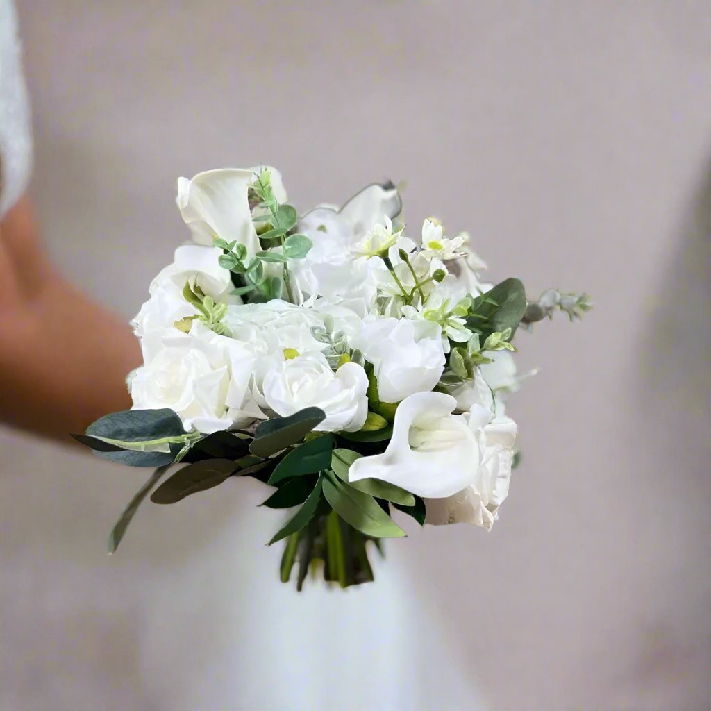 White Rose, Lily And Eucalyptus Bouquet - Artificial Silk Flowers For Wedding Anniversary Birthday Claire De Fleurs