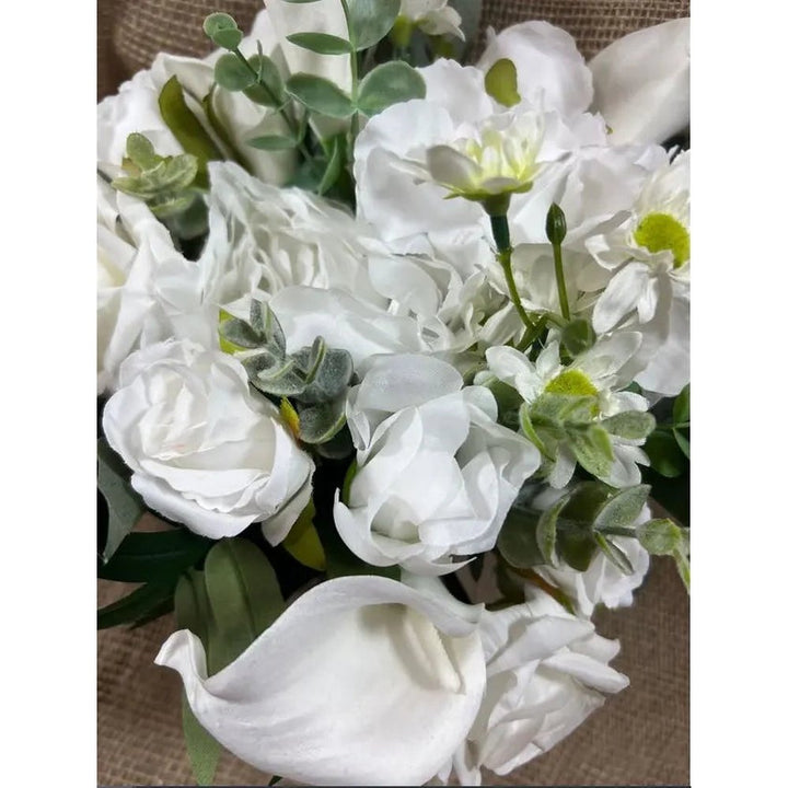White Rose, Lily And Eucalyptus Bouquet - Artificial Silk Flowers For Wedding Anniversary Birthday Claire De Fleurs