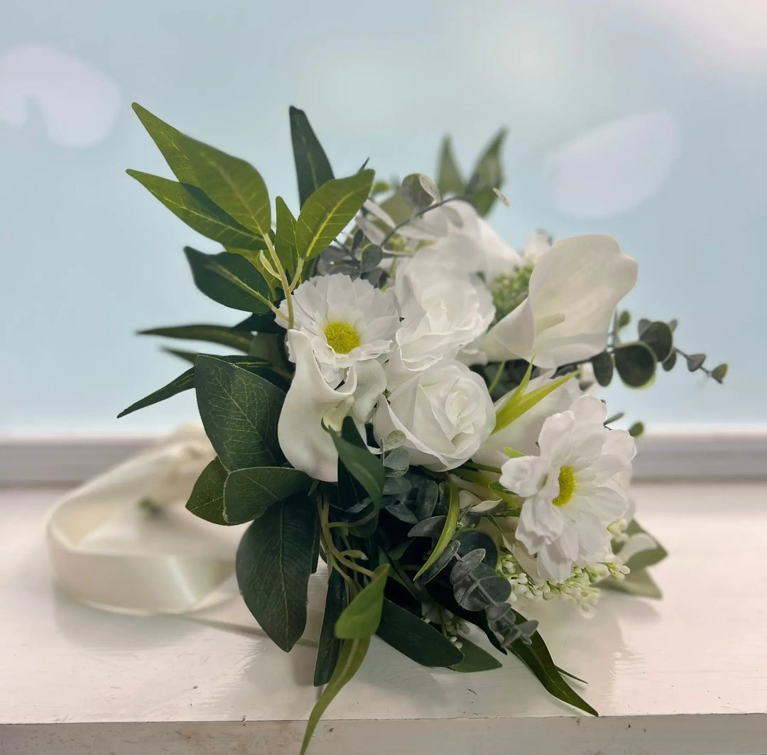 White Rose, Lily, Eucalyptus Bridal Bouquet Claire De Fleurs