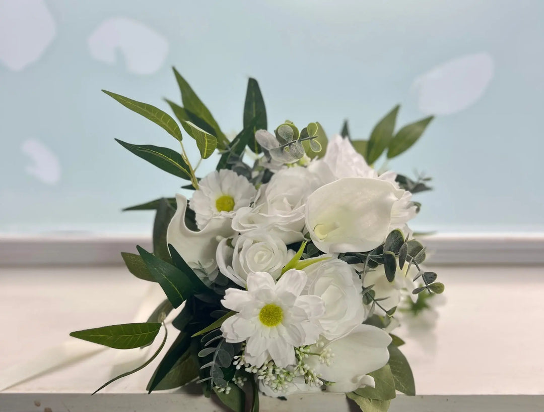 White Rose, Lily, Eucalyptus Bridal Bouquet Claire De Fleurs