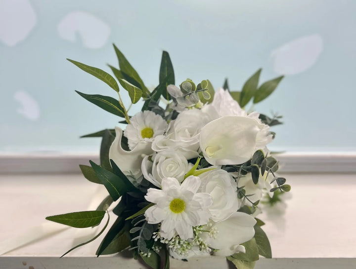 White Rose, Lily, Eucalyptus Bridal Bouquet Claire De Fleurs