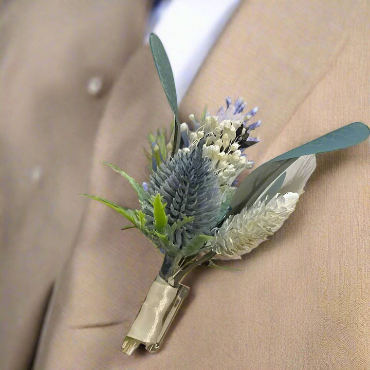 Artificial Blue Thistle Buttonhole Dried Flowers Claire De Fleurs