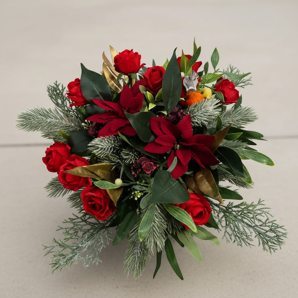 Artificial Grave Pot – Red Roses And Ponisettia Memorial Flowers Claire De Fleurs
