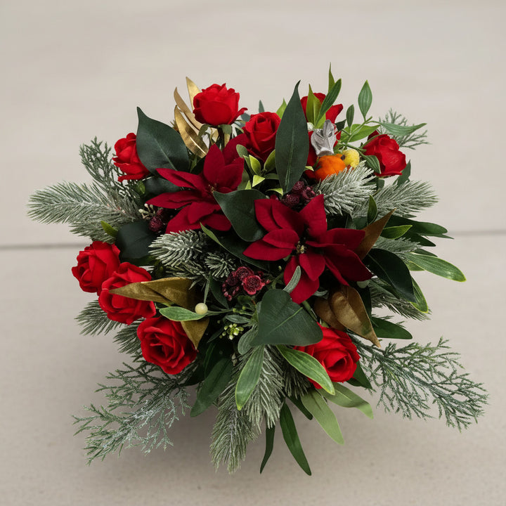 Artificial Grave Pot – Red Roses And Ponisettia Memorial Flowers Claire De Fleurs