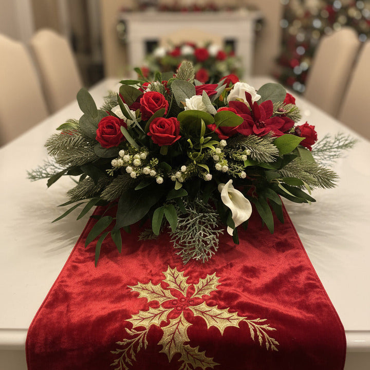 Artificial Christmas Table Decoration – Red & White Silk Flower Arrangement Claire De Fleurs